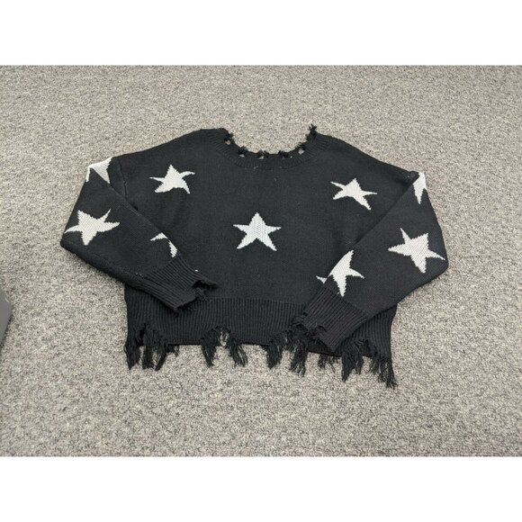 Zaful Fringed Edge Cropped Sweater Black White Stars One Size Fits Most - Picture 2 of 4